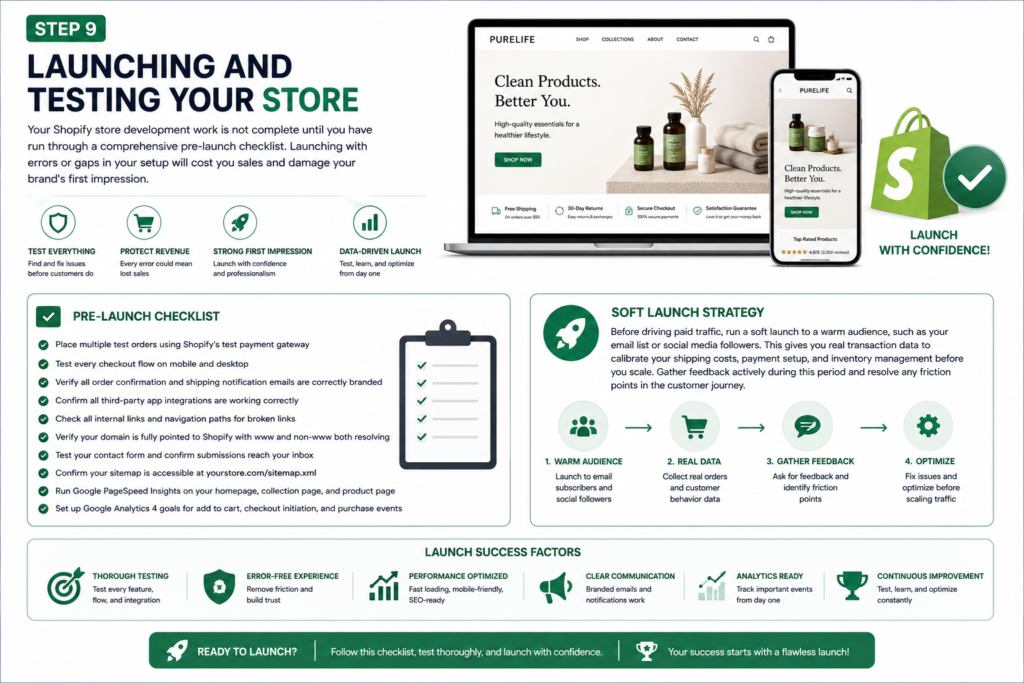 Shopify store launch checklist infographic showing pre-launch testing, checkout verification, analytics setup, soft launch strategy, and ecommerce store deployment
