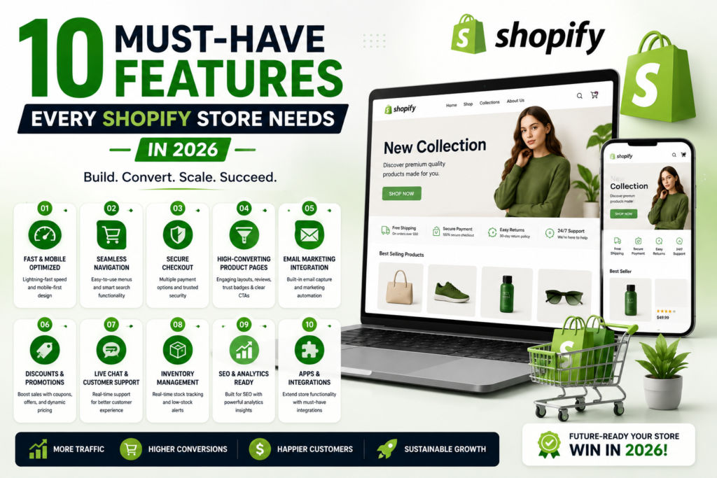 10 must-have Shopify store features for 2026 infographic showing mobile optimization, secure checkout, SEO tools, email marketing, analytics, and ecommerce growth features