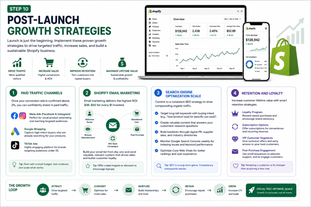 Shopify post-launch growth strategies infographic showing paid traffic channels, email marketing automation, SEO scaling, customer retention, and loyalty program optimization