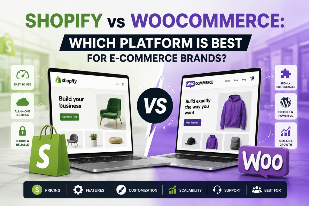 Shopify vs WooCommerce comparison illustration showing ecommerce platform features, customization options, scalability, pricing, and store management capabilities