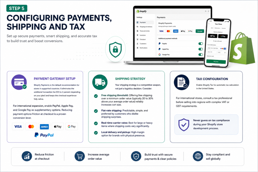Shopify payments, shipping, and tax configuration infographic showing payment gateway setup, shipping strategy options, tax compliance, and ecommerce checkout optimization